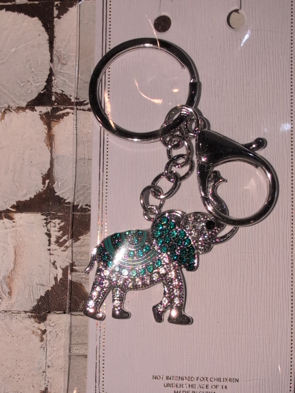 Sparkling Elephant Keychain with Teal & Silver Rhinestones